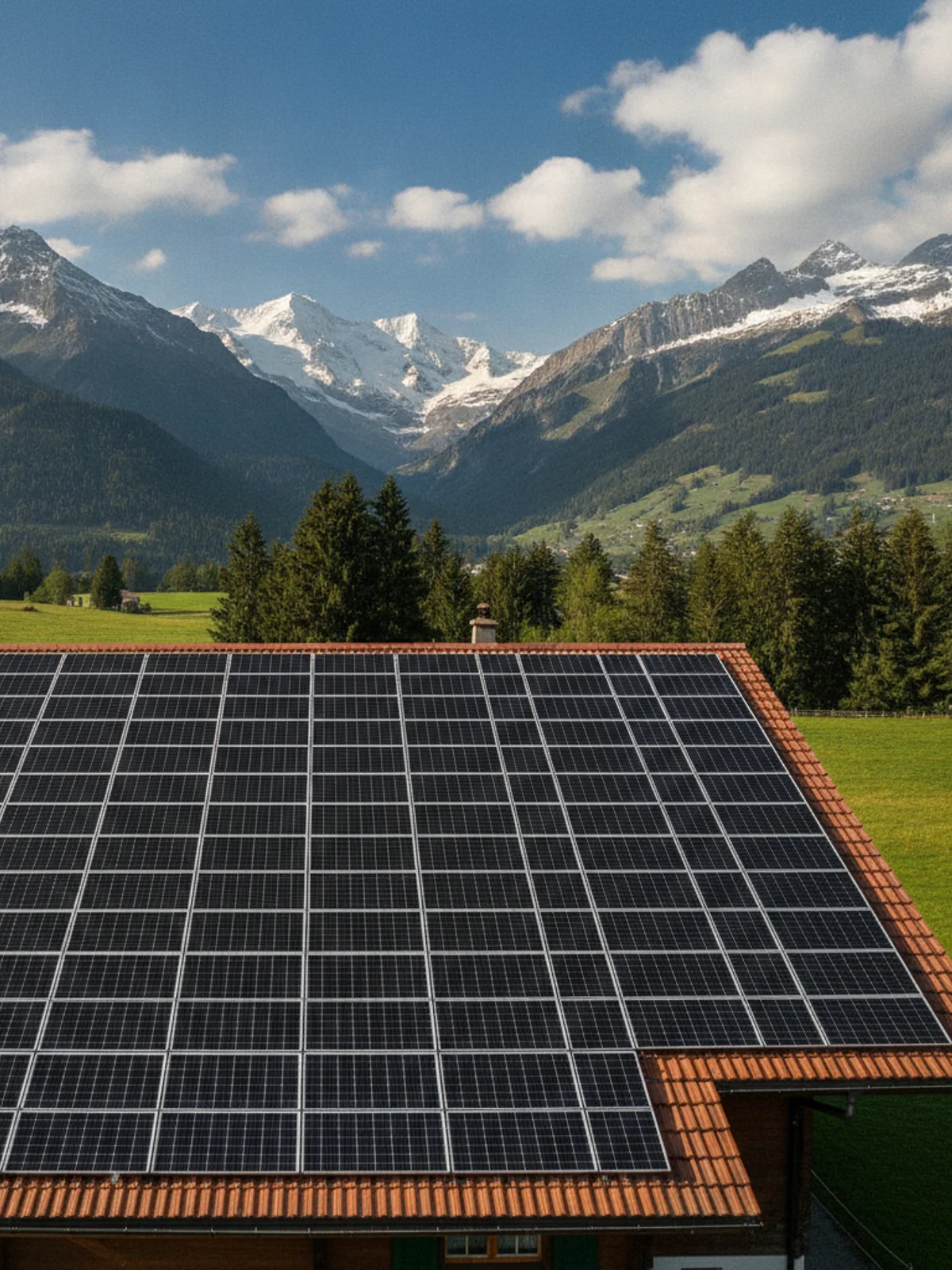 Panneaux solaires photovoltaïques installés sur une toiture en Suisse romande